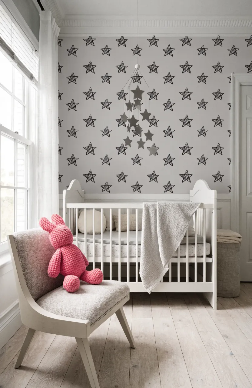 Hand-drawn gray star wallpaper in a clean and modern gender-neutral baby nursery.