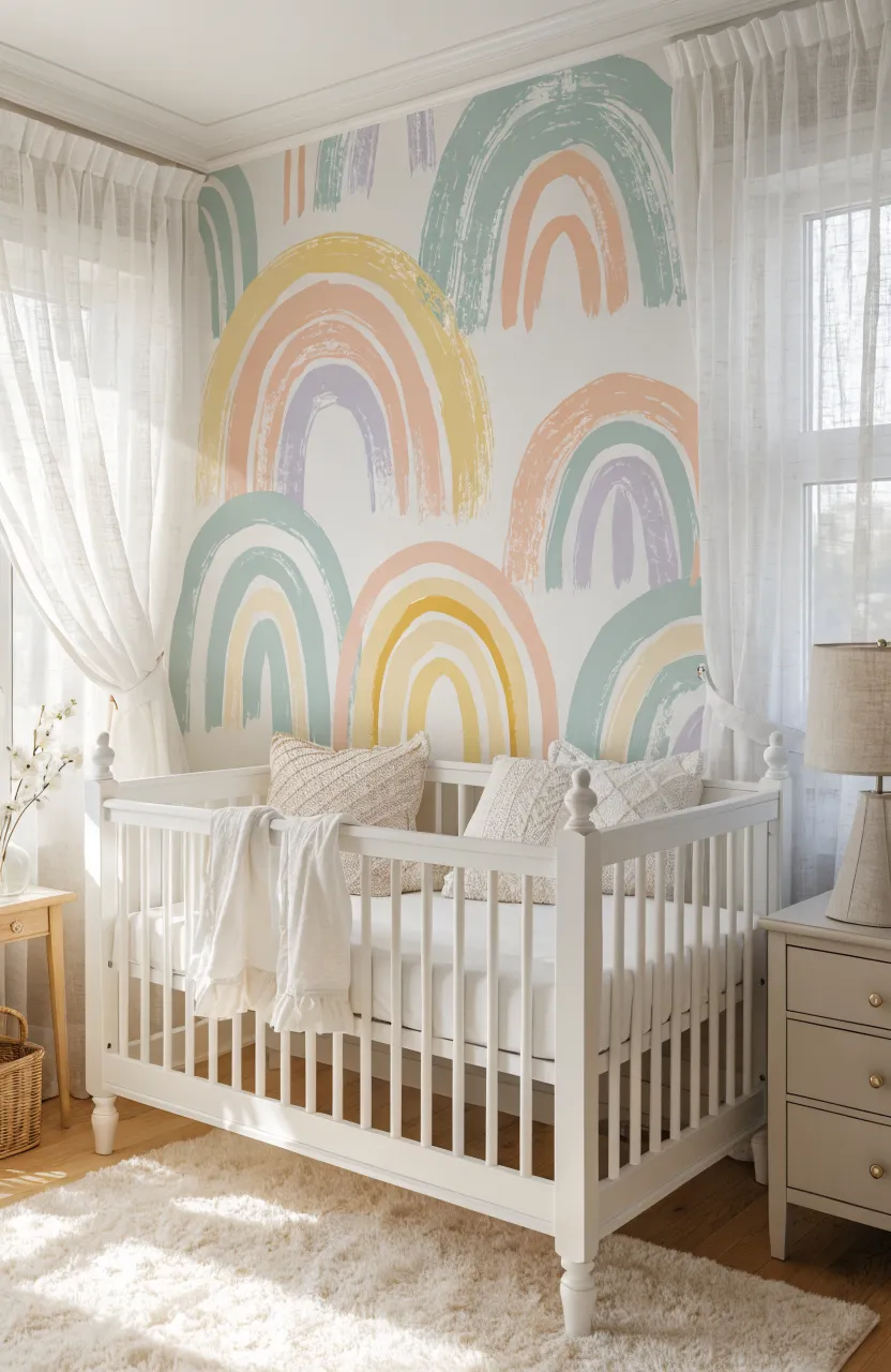 A bright nursery featuring a pastel rainbow wallpaper accent wall behind a white crib.