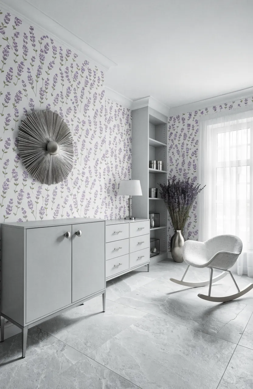 Detailed lavender sprig wallpaper on white walls in a fresh, airy baby girl nursery.