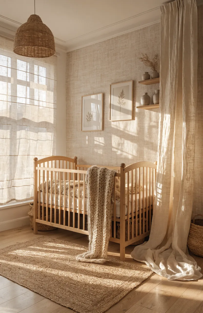 Warm nursery room with cream linen texture wallpaper and natural wood furniture.