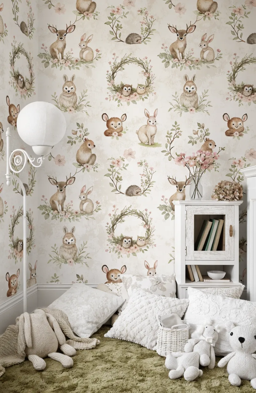 Hand-drawn forest animal wallpaper in a whimsical and serene baby girl nursery.