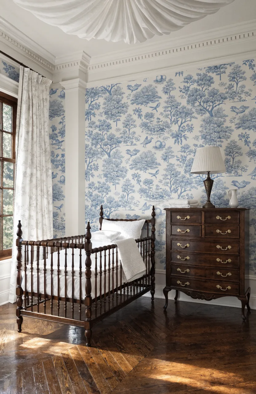 Traditional baby girl nursery with classic blue and white Toile De Jouy wallpaper.