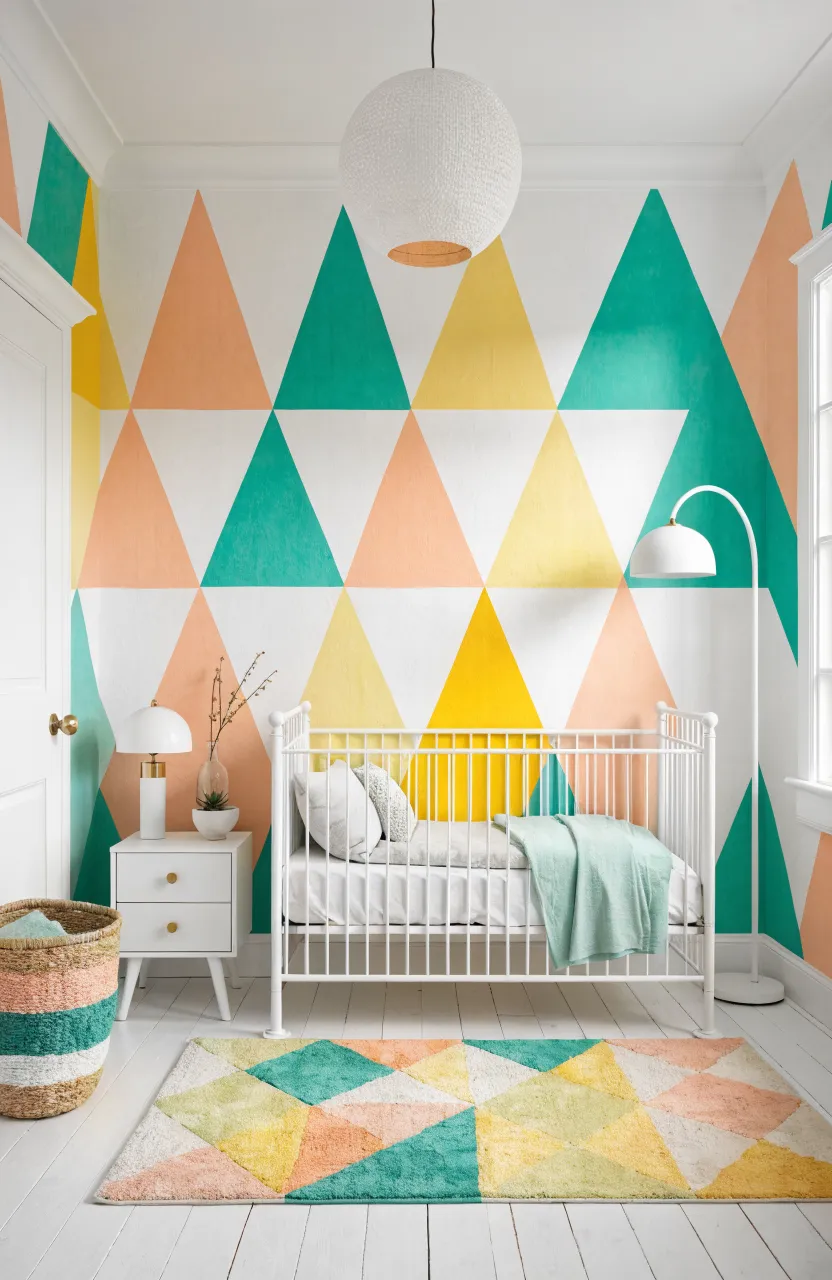 Modern nursery with colorful geometric triangle wallpaper in mint, peach, and lemon.