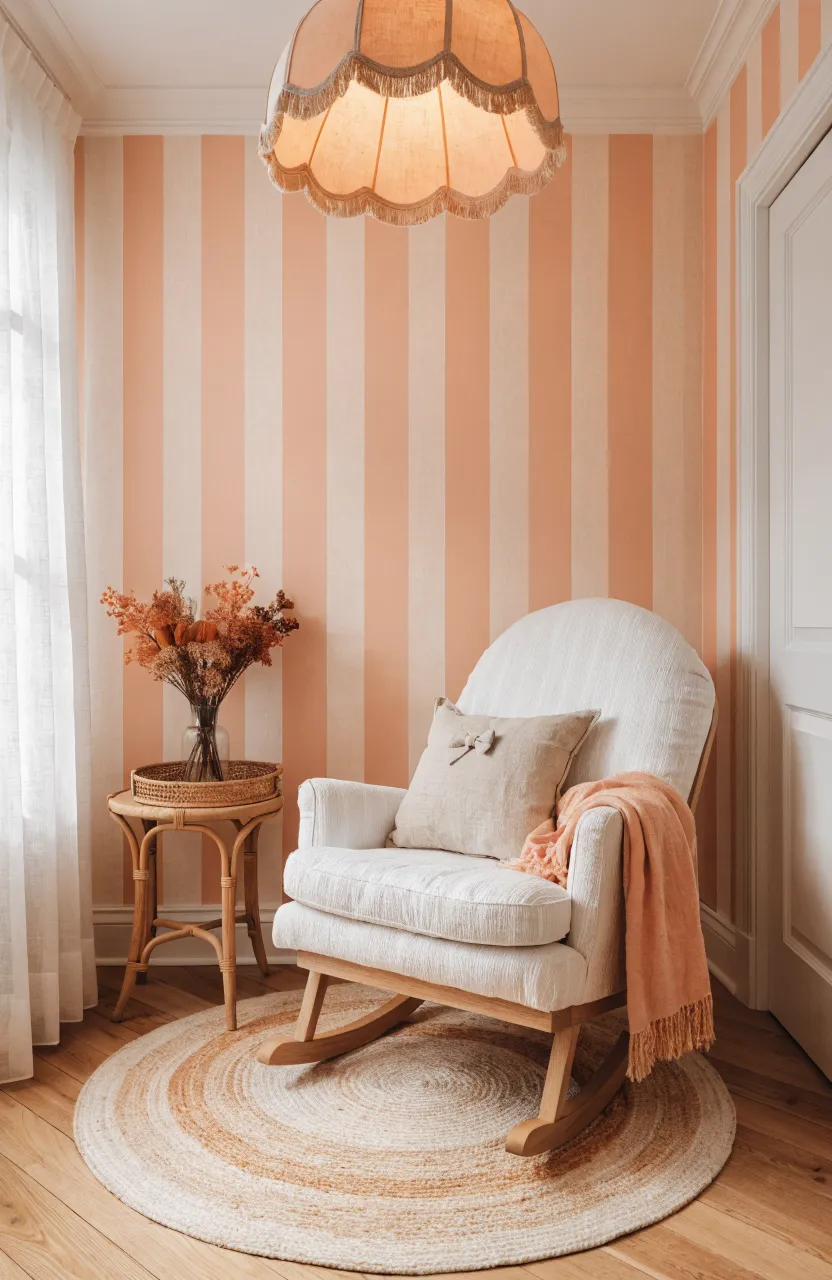 Warm newborn room featuring soft peach and cream vertical striped wallpaper.