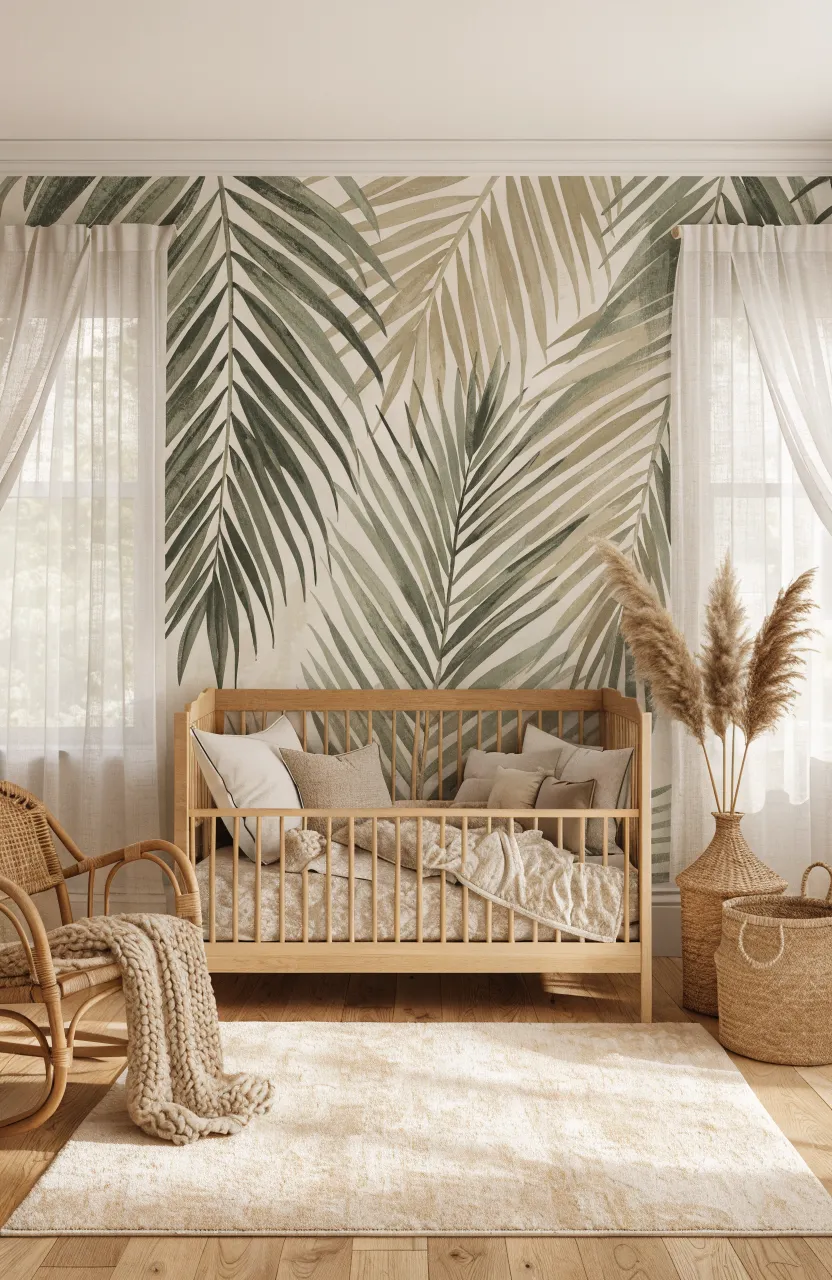 A beautiful nursery with muted green palm leaf wallpaper, a wooden crib, and rattan furniture.