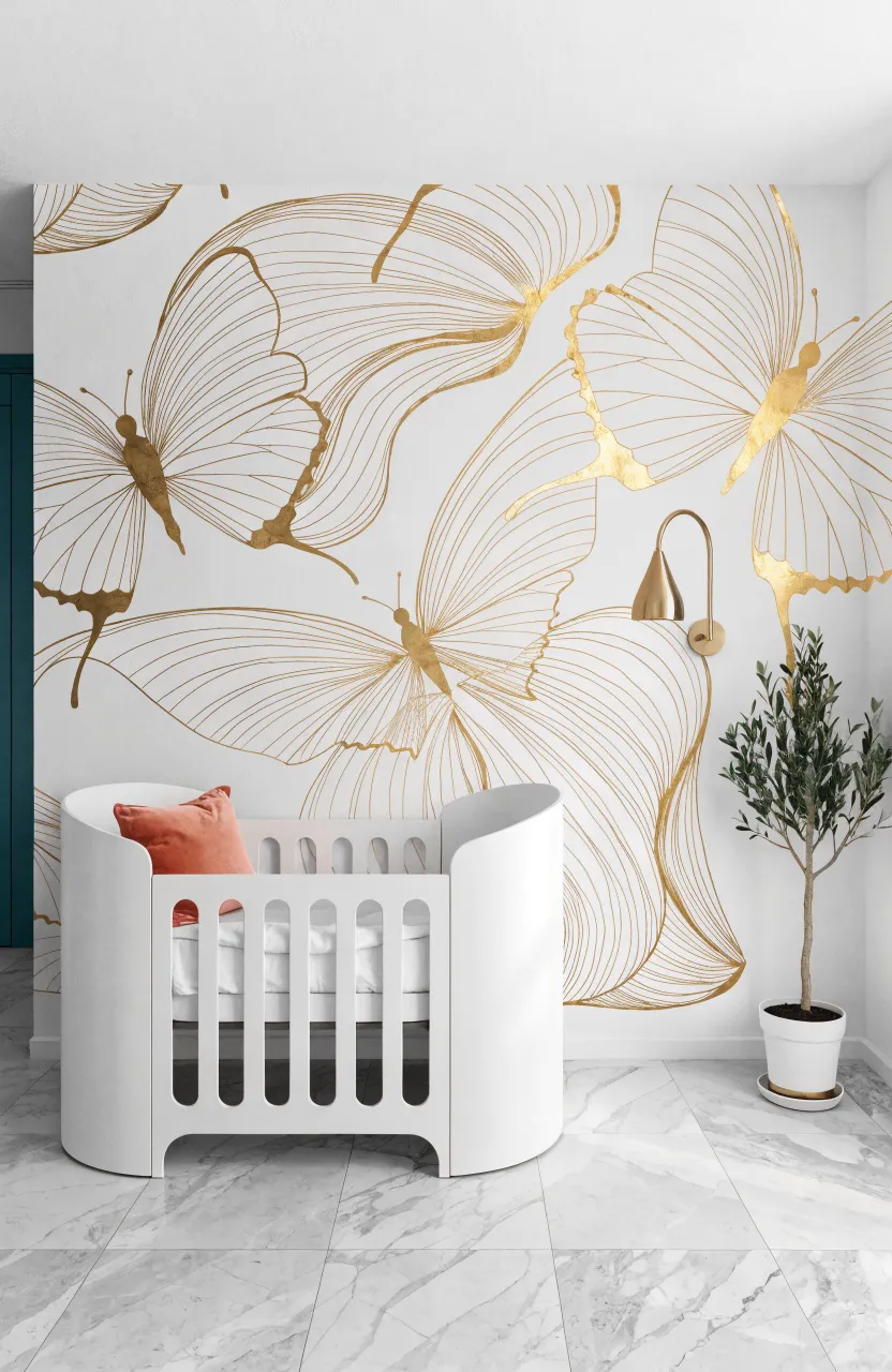 Modern nursery featuring white wallpaper with gold line art butterflies and a sleek white crib.