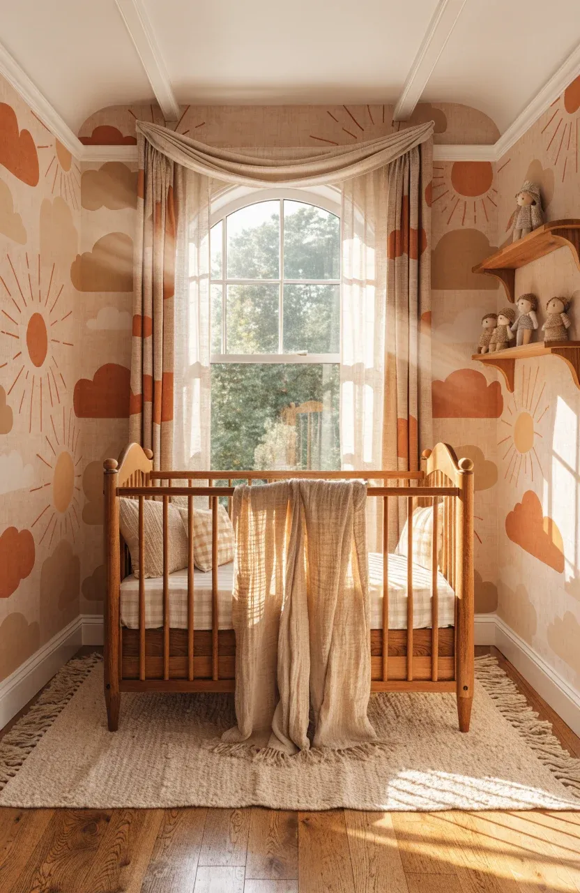 Warm nursery interior with terracotta sun and cloud wallpaper and cozy wool textures.
