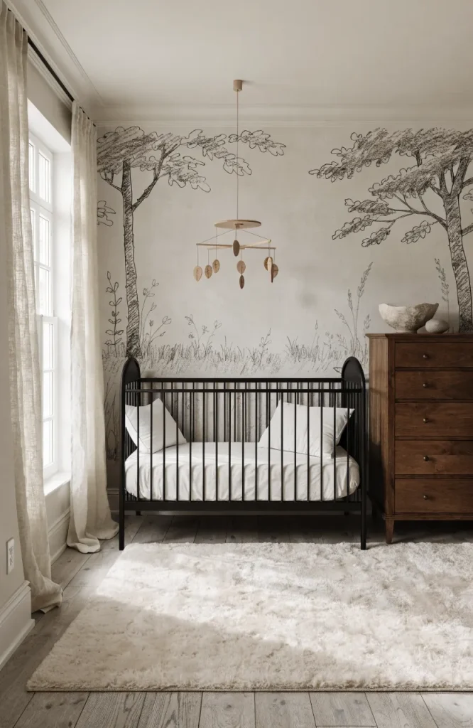 A nursery with a charcoal sketch forest wallpaper behind a black metal crib.