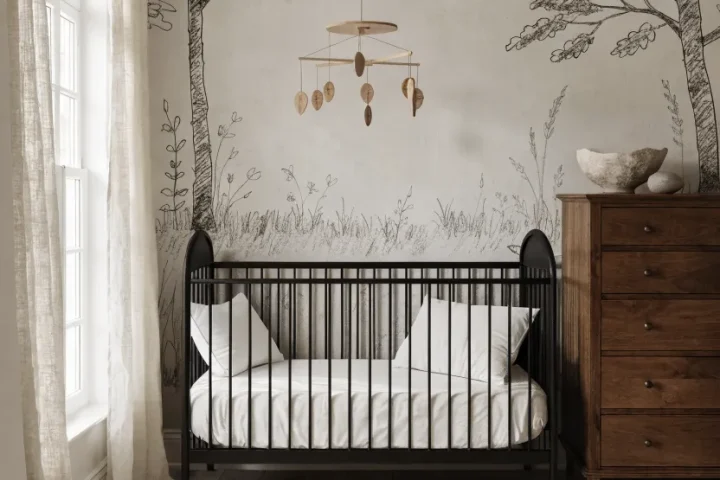 A nursery with a charcoal sketch forest wallpaper behind a black metal crib.