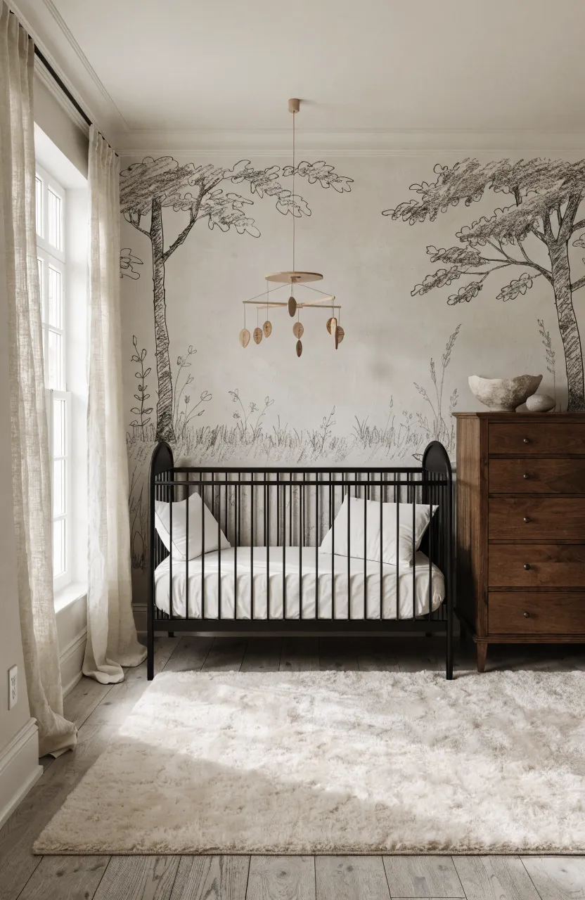 A nursery with a charcoal sketch forest wallpaper behind a black metal crib.