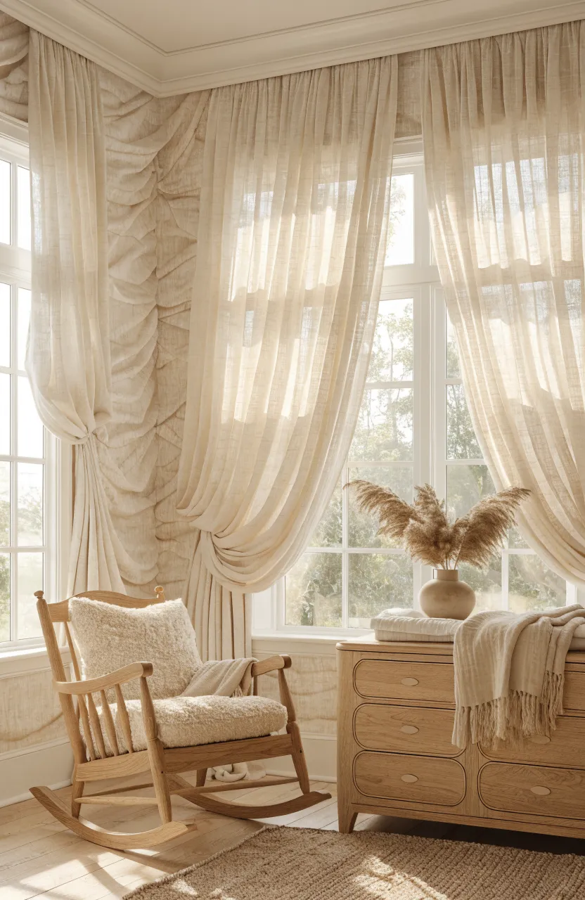 A bright nursery with cream linen textured wallpaper and light oak furniture.