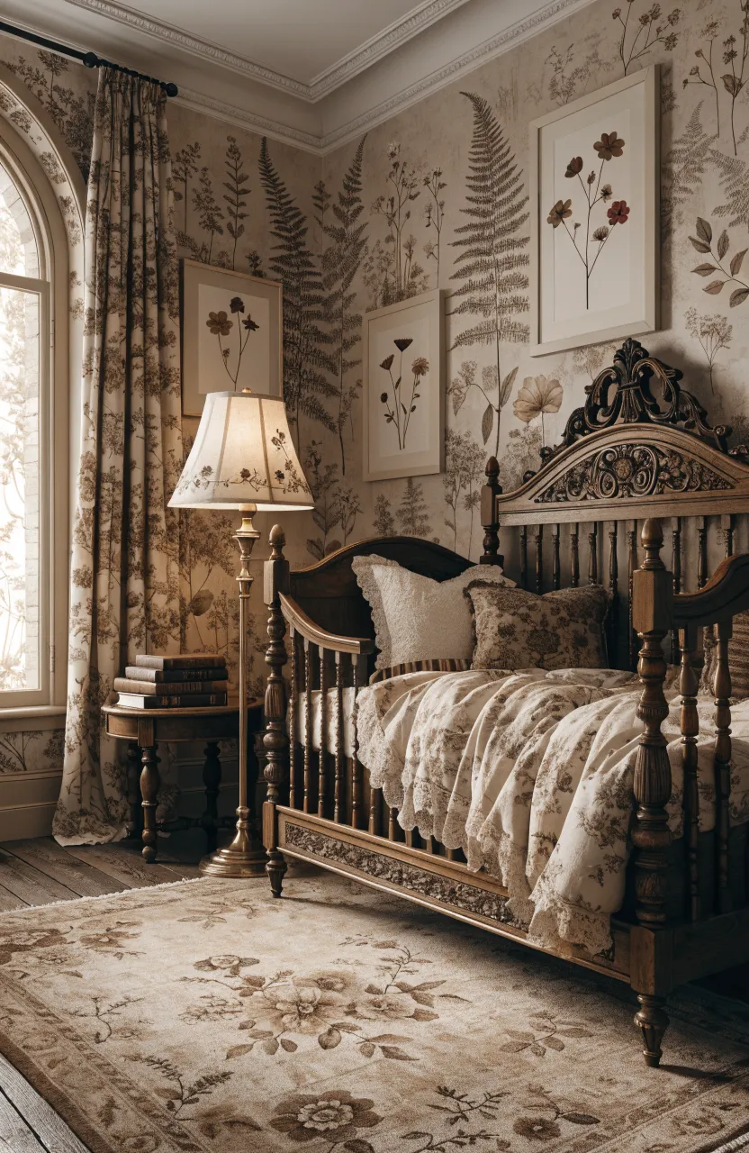 Sepia botanical wallpaper in a vintage nursery with a dark wood crib and brass lamp.