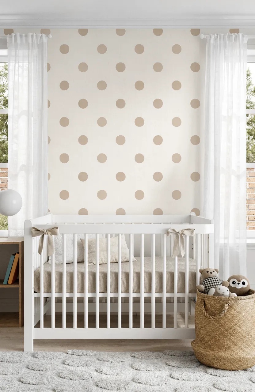 A minimalist nursery with beige polka dot wallpaper and white wooden furniture.