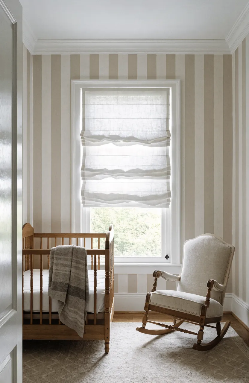 Sand-colored vertical striped wallpaper in a serene nursery with natural wood accents.