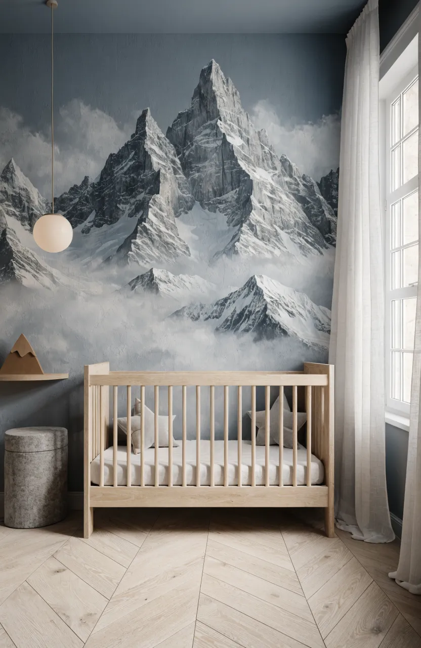 A grey and white mountain range mural on a nursery wall behind a light wood crib.