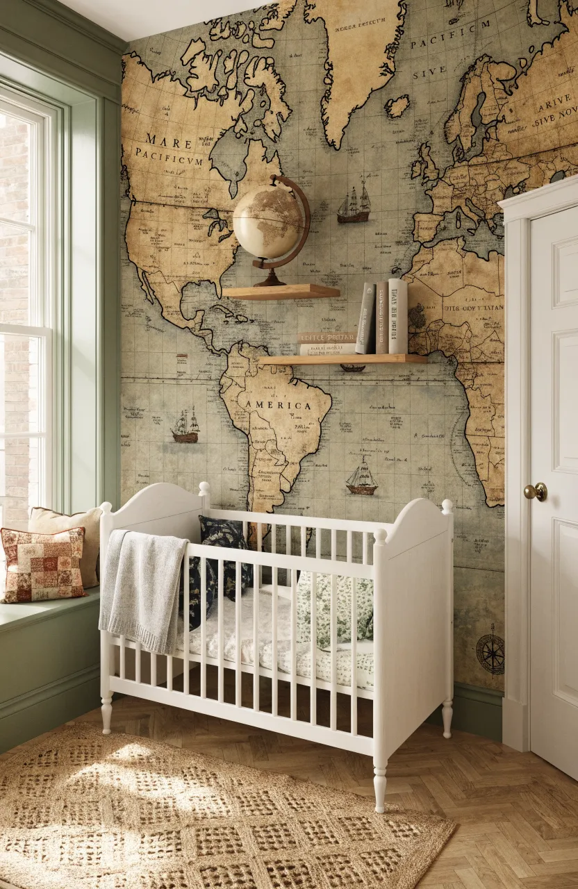 A world map wallpaper in parchment tones in a nursery with wooden shelves.