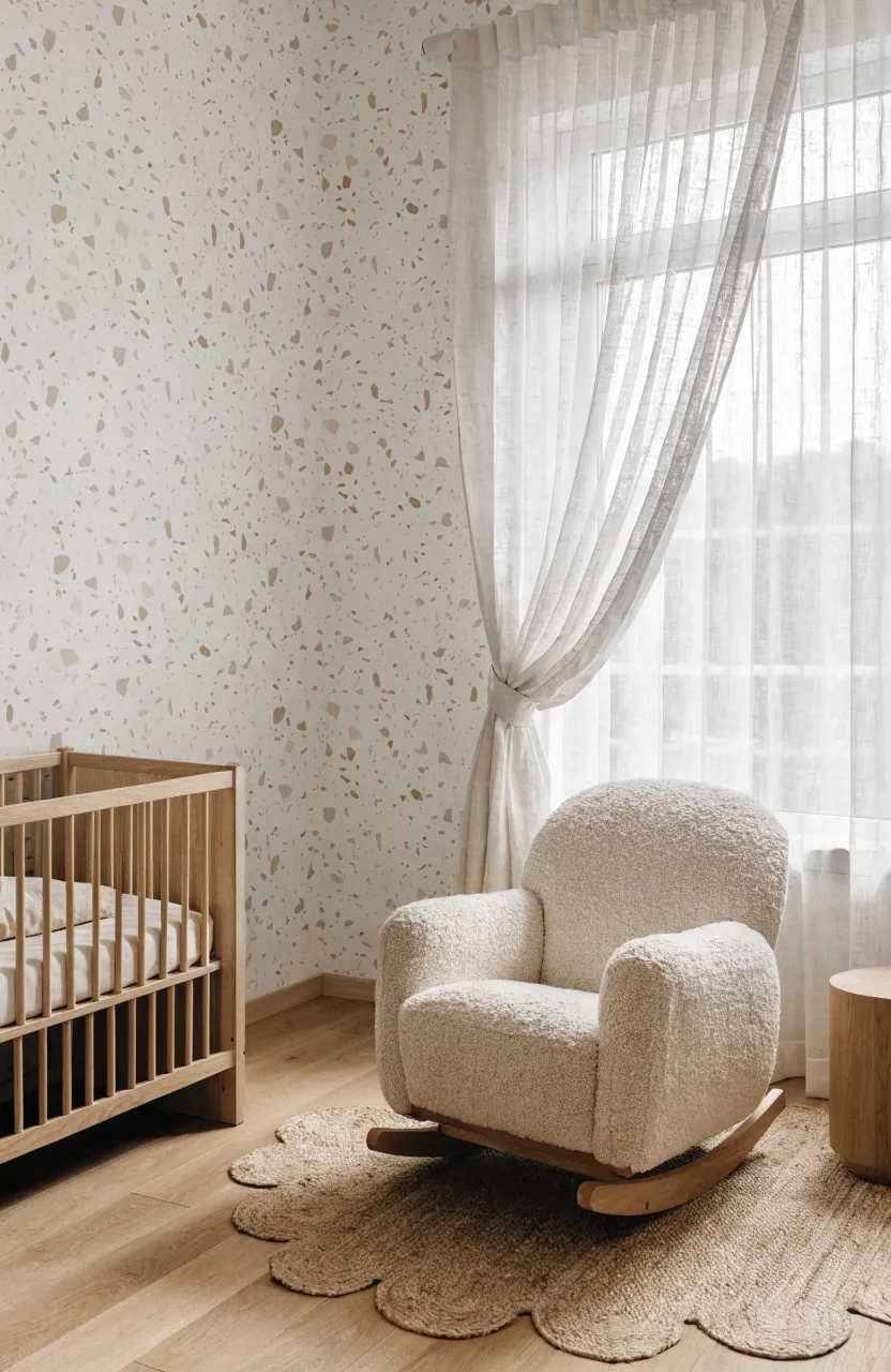 A modern nursery with warm white terrazzo patterned wallpaper and light wood furniture.