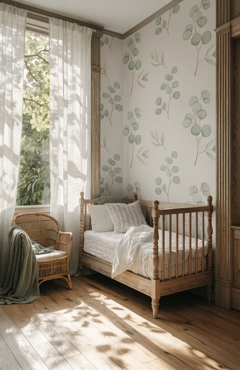 Nursery walls featuring pale sage green eucalyptus sprig wallpaper with light wood accents.