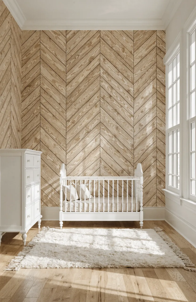 A white crib set against a light tan herringbone wood grain patterned accent wall.