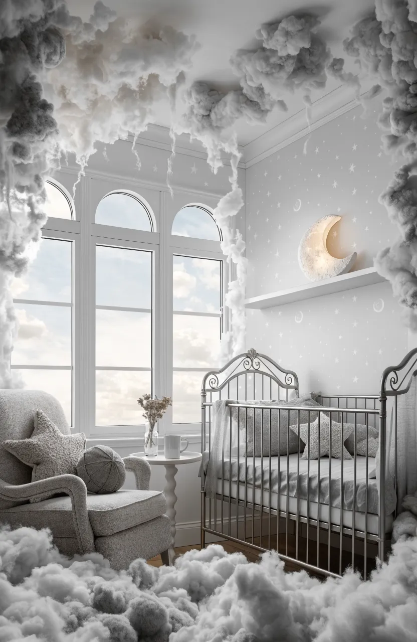Whimsical nursery with light grey star and moon wallpaper and silver furniture.