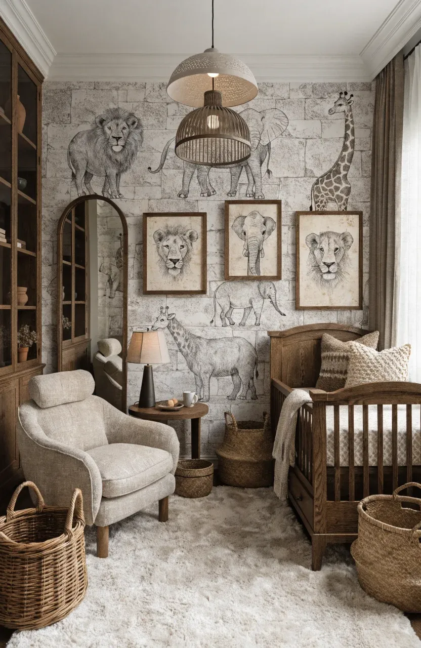 Sophisticated nursery with stone-toned wallpaper featuring charcoal animal sketches.
