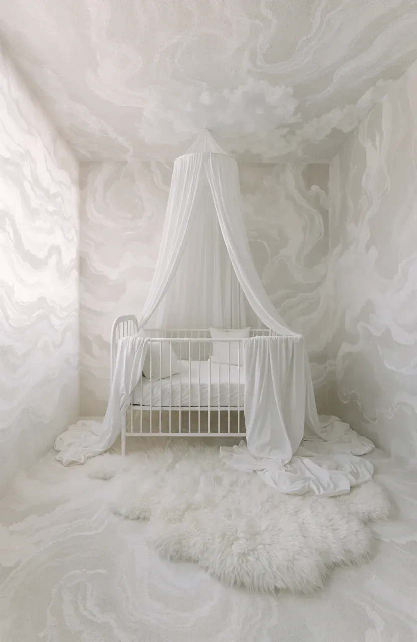 Ethereal nursery with soft off-white abstract watercolor wash wallpaper.