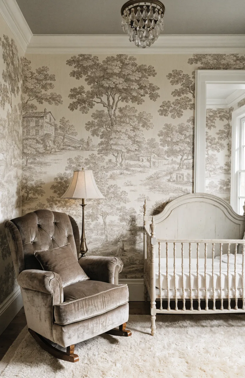Traditional nursery with soft taupe Toile de Jouy wallpaper and elegant furniture.