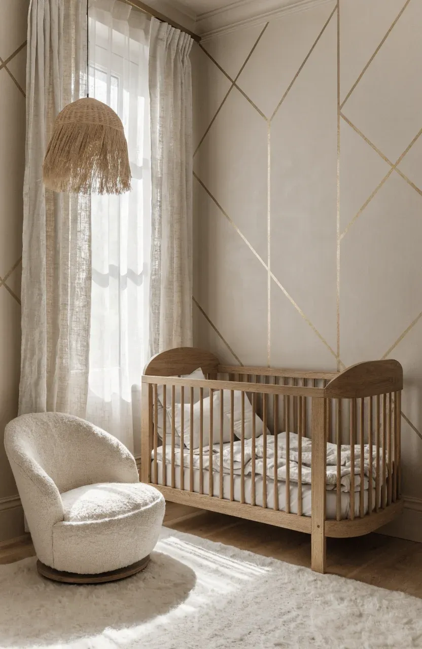 A modern nursery with champagne geometric line wallpaper, a light wood crib, and soft natural light.