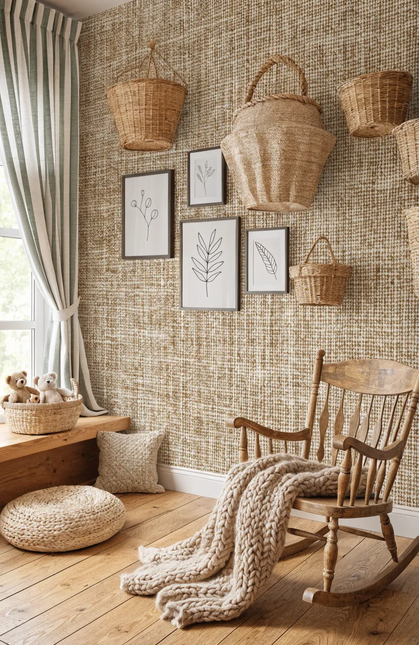 A cozy nursery with tan burlap textured wallpaper, woven wall baskets, and a wooden rocking chair.