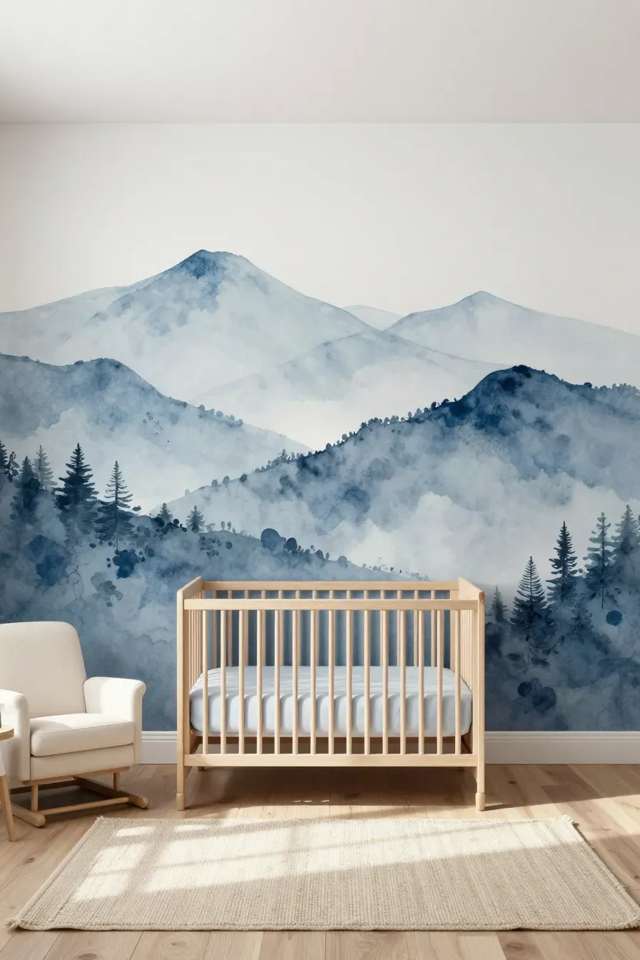A modern nursery with a blue watercolor mountain mural behind a light wood crib.