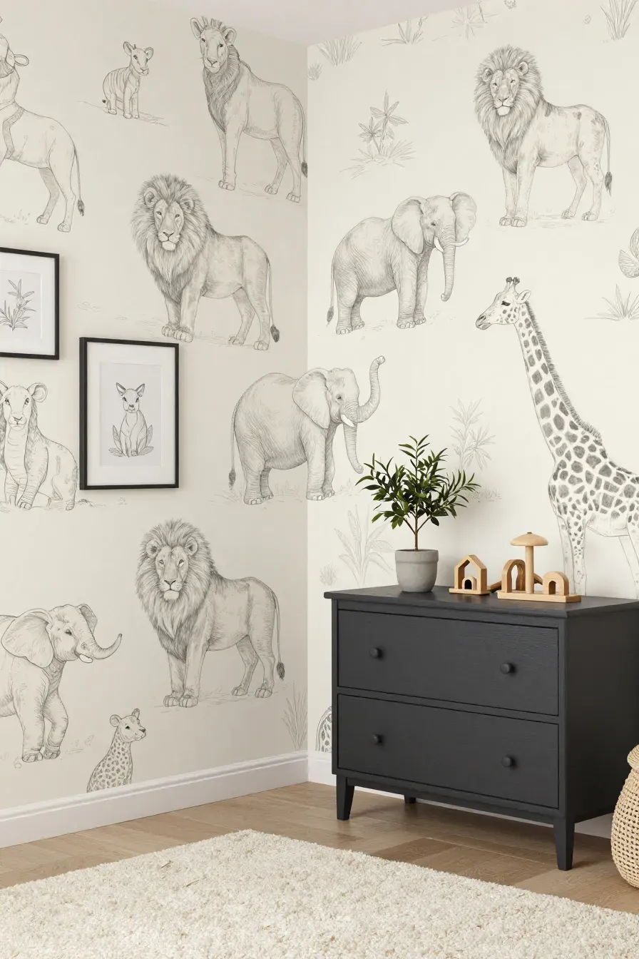 Neutral nursery featuring hand-drawn sketch safari animal wallpaper and a dark dresser.