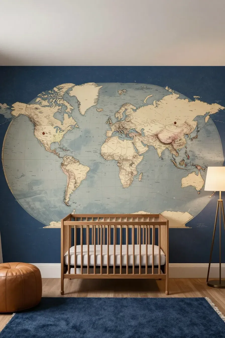 A vintage navy blue world map mural on a nursery wall behind a walnut crib.