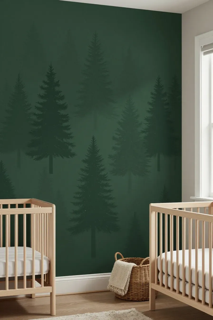 Nursery accent wall with deep forest green pine tree wallpaper and light wood furniture.