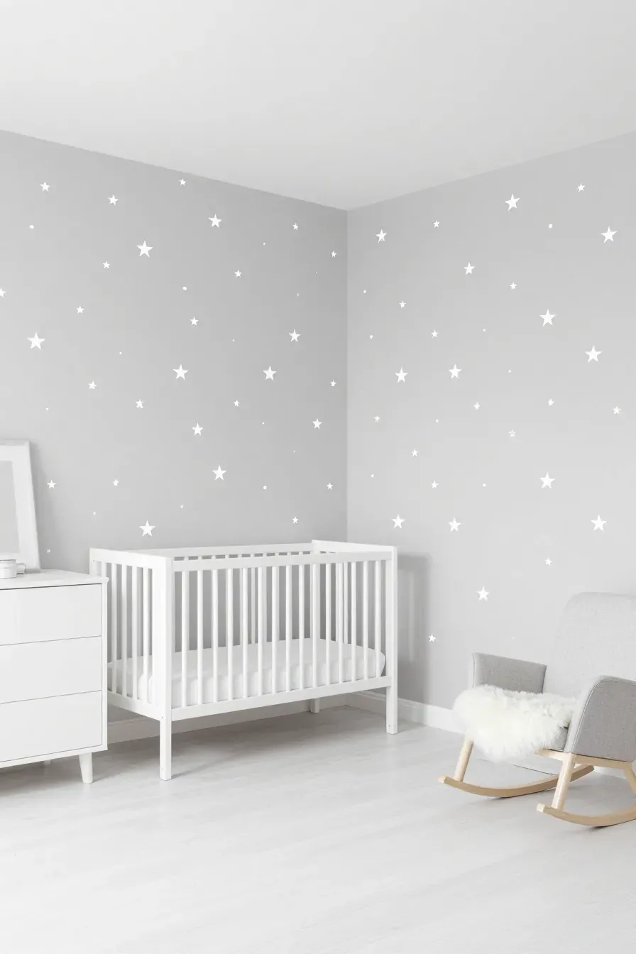 A bright nursery with grey and white star pattern wallpaper and white furniture.
