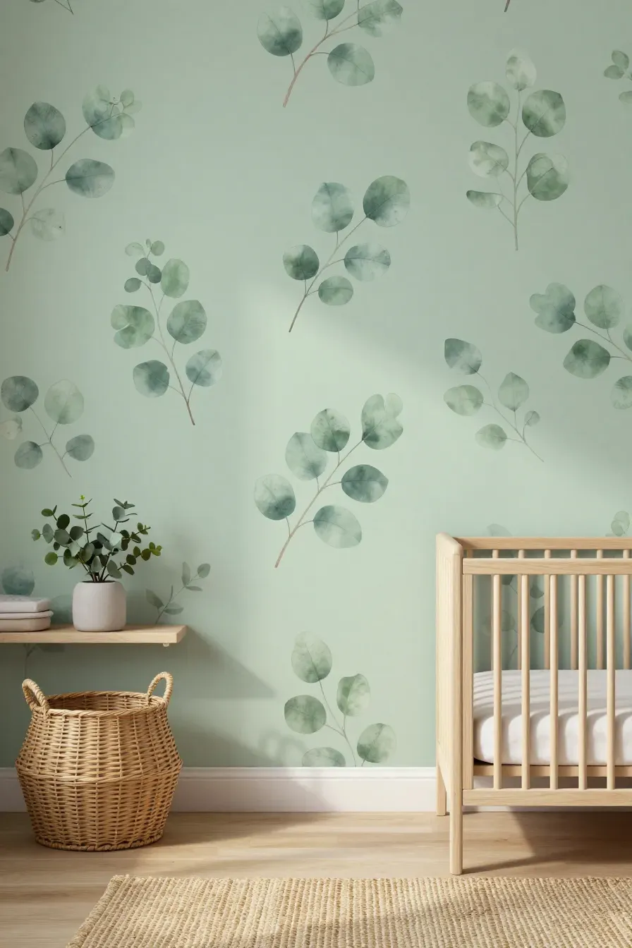 Peaceful nursery with sage green eucalyptus leaf wallpaper and natural wicker accents.