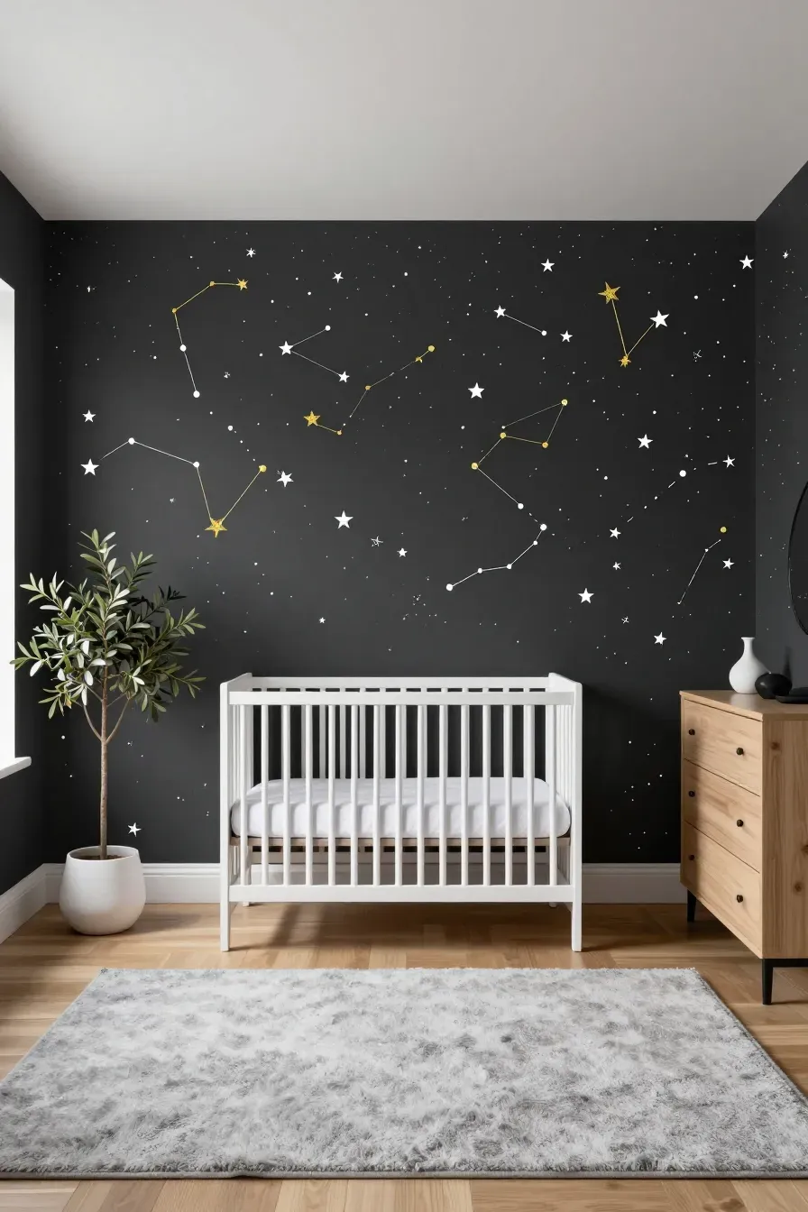 A modern boy's nursery with dark charcoal constellation wallpaper, a white crib, and light oak furniture.