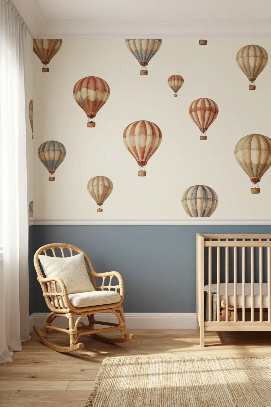 Nursery wall with hot air balloon wallpaper in earth tones above a white chair rail and blue paint.