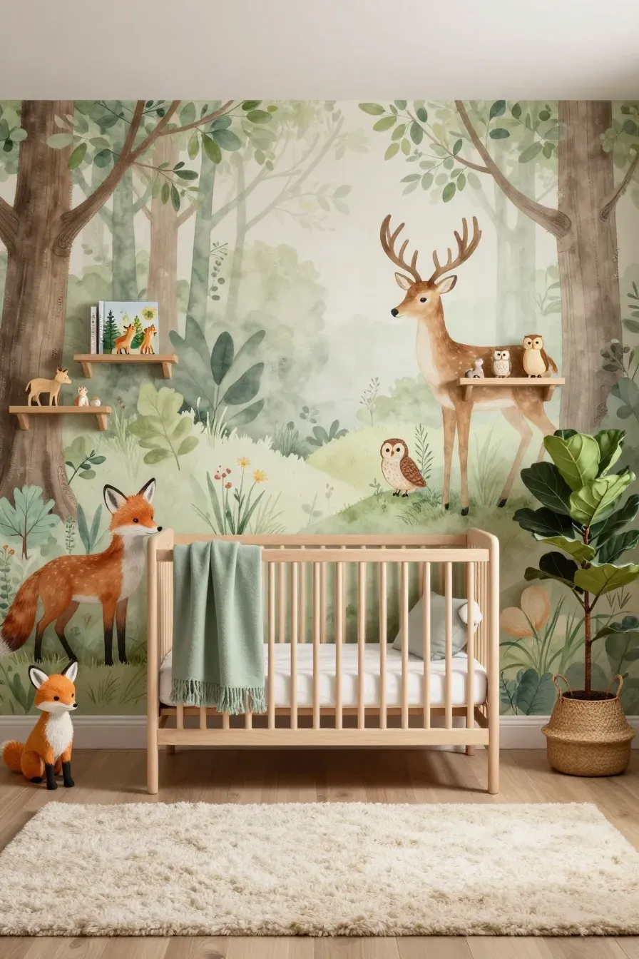 A cozy nursery with watercolor woodland animal wallpaper, wooden shelves, and a light wood crib.