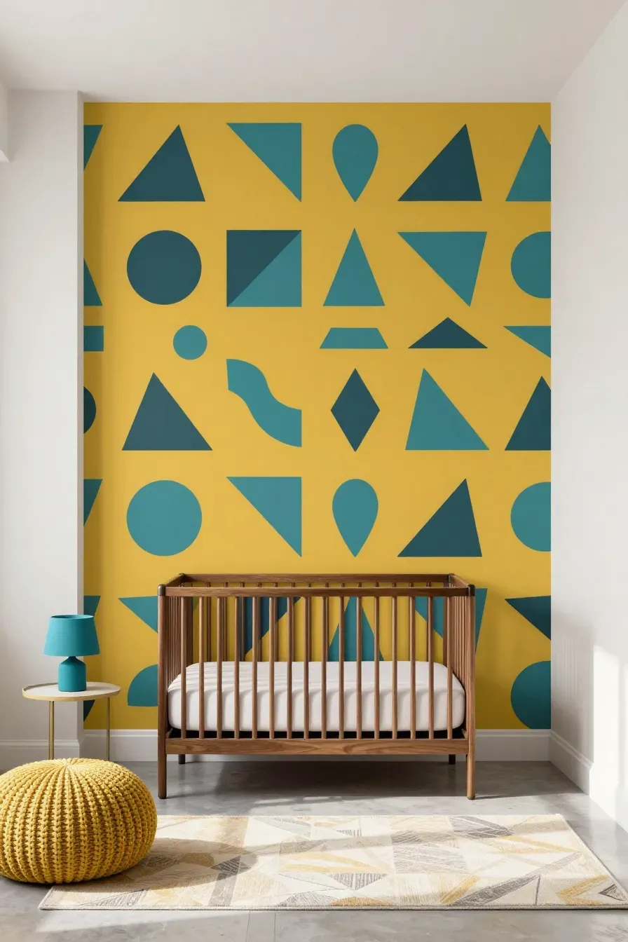 Mid-century modern nursery with mustard and teal geometric wallpaper and a walnut wood crib.