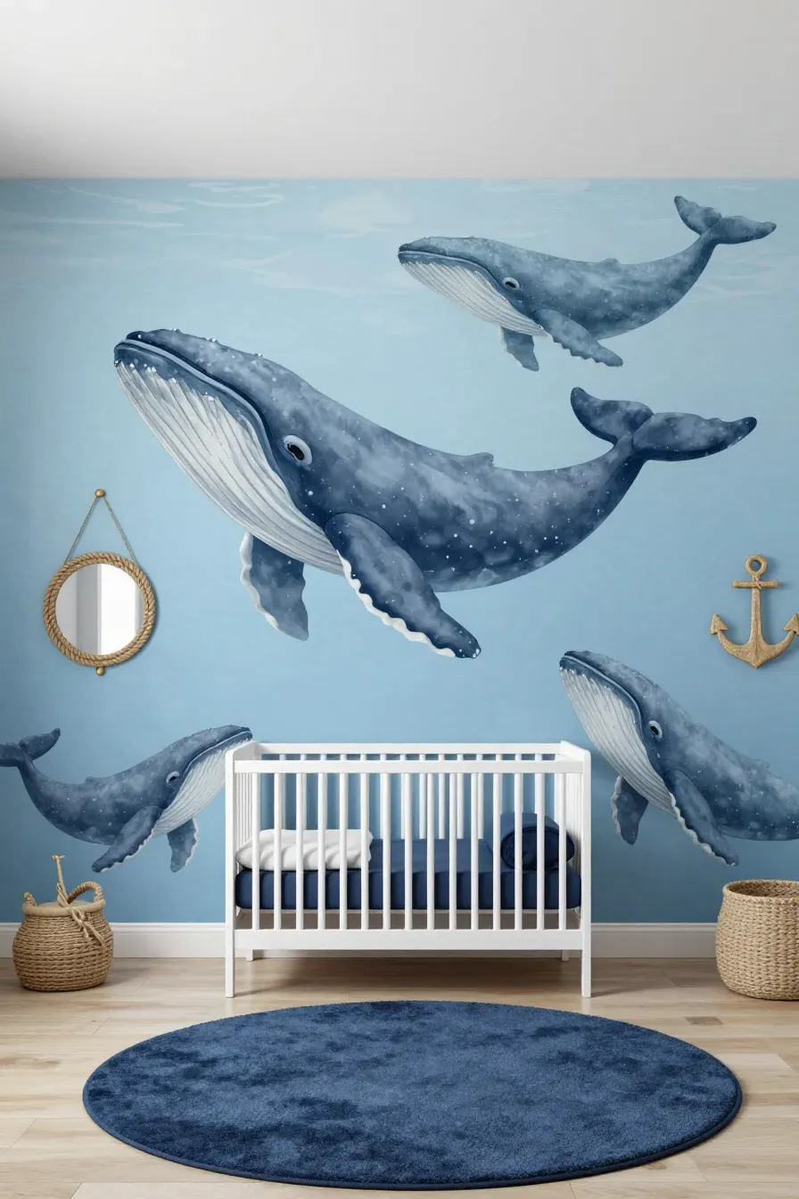 A peaceful blue nursery featuring large whale wall illustrations and nautical-themed decor.