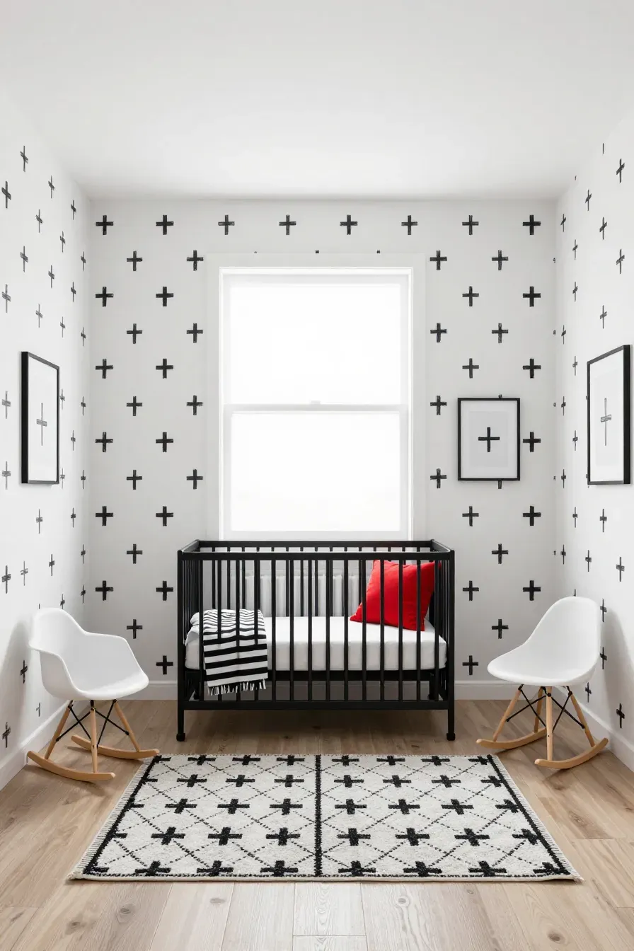 Scandinavian nursery with black and white cross pattern wallpaper and a black metal crib.