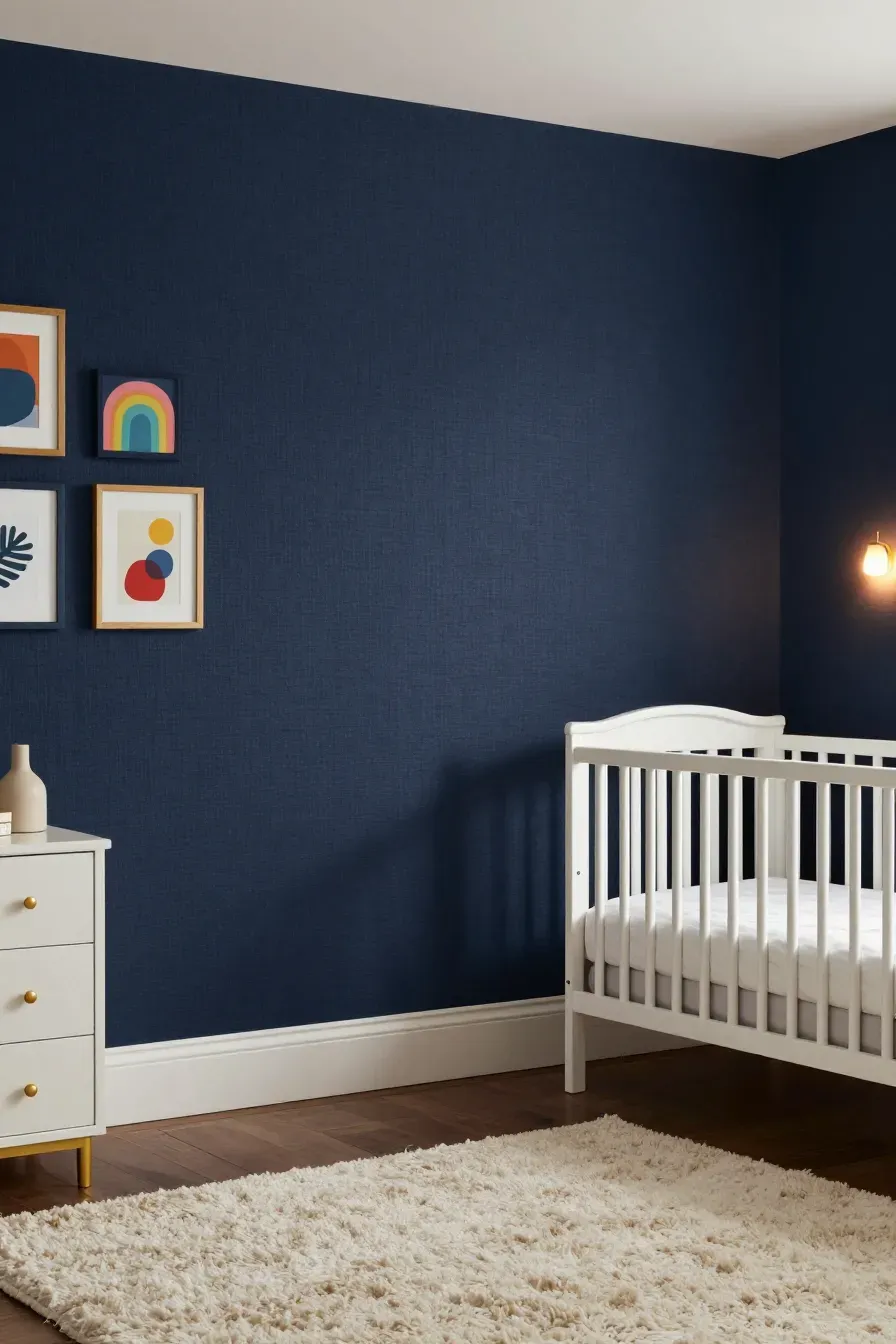 A cozy nursery with textured navy blue wallpaper, white furniture, and colorful framed artwork.