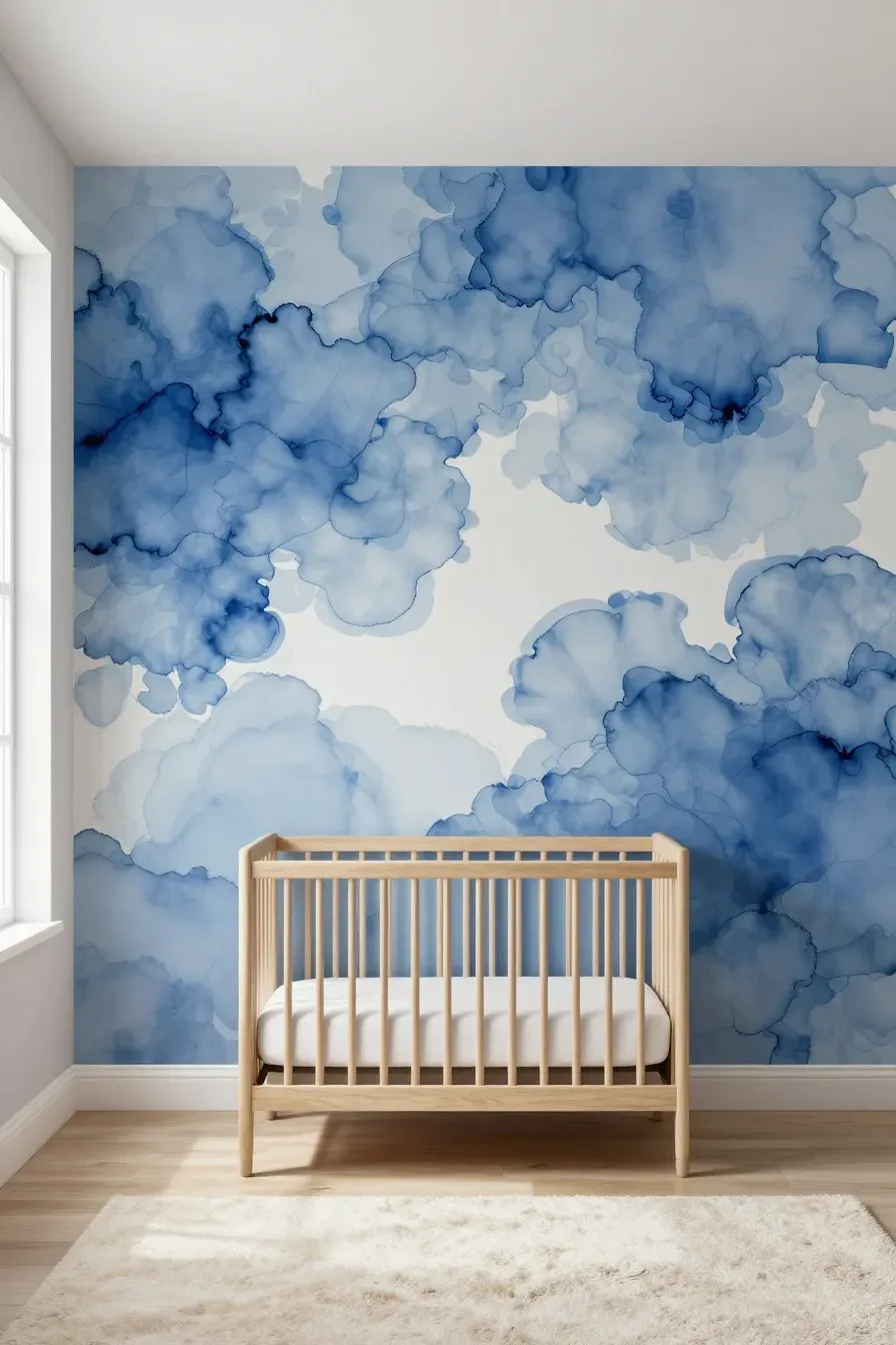 A modern nursery featuring a blue and white abstract ink wash wallpaper mural behind a light wood crib.
