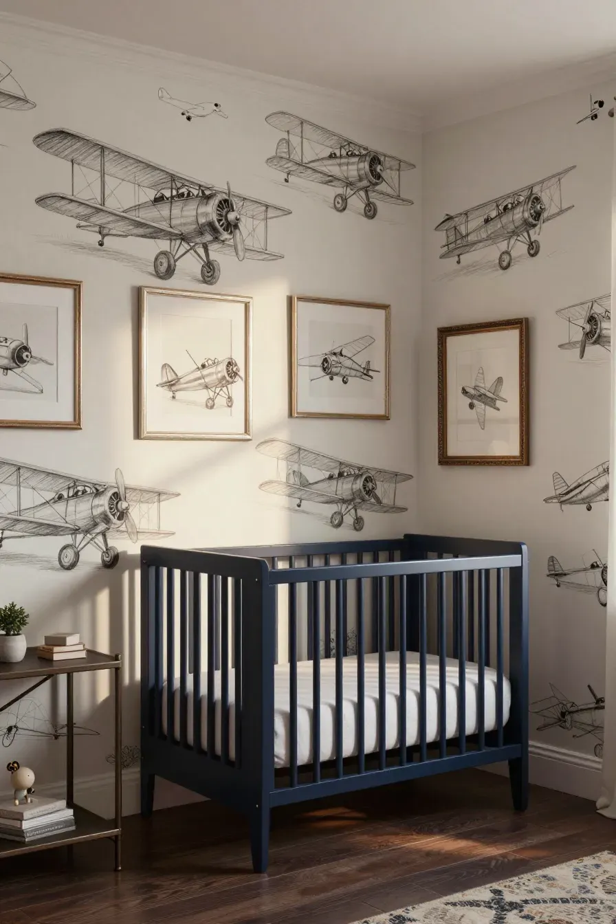 Vintage airplane sketch wallpaper in a nursery with navy furniture and industrial metal accents.
