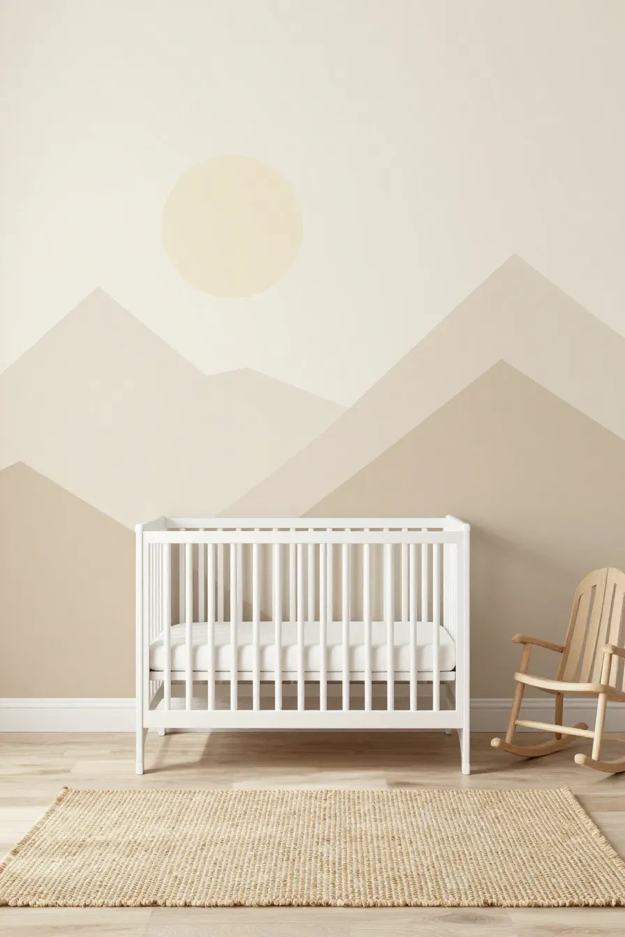 Modern nursery with beige mountain peak wallpaper, a white crib, and natural wood accents.