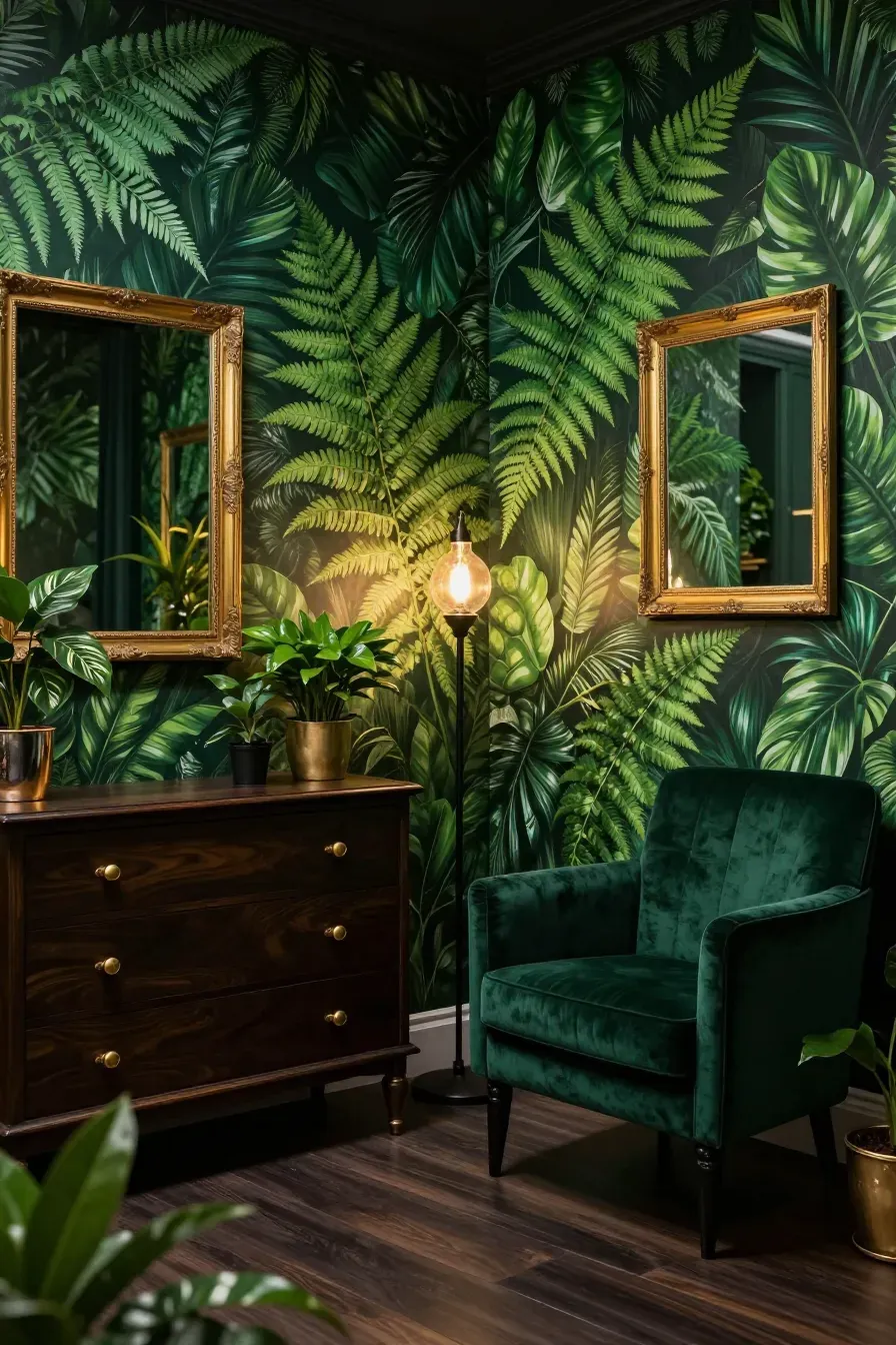Lush emerald green fern wallpaper in a nursery with dark wood furniture and gold accents.
