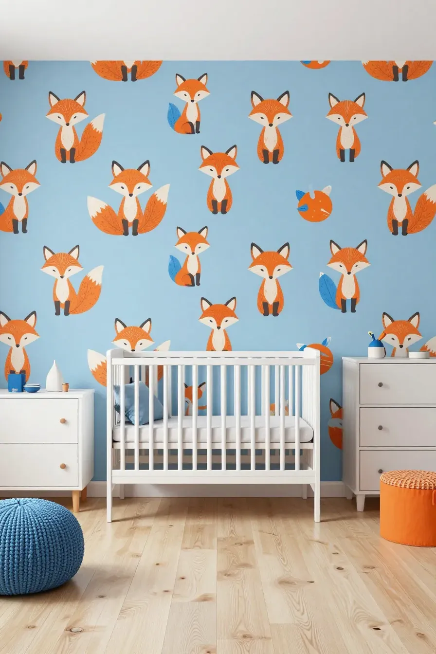 Cheerful nursery with orange and blue fox patterned wallpaper and white modern furniture.