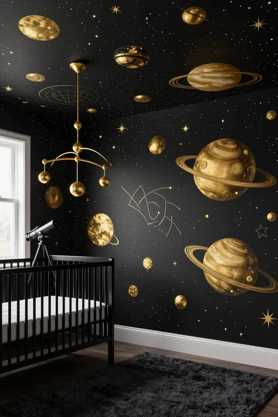 Dramatic black and gold solar system wallpaper in a nursery with a black iron crib.