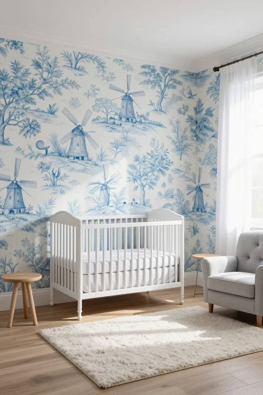 A classic boy's nursery with light blue toile wallpaper, a white spindle crib, and soft natural light.