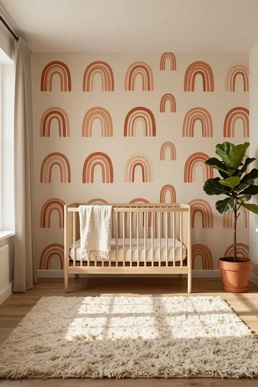 A boho nursery with terracotta rainbow wallpaper, a natural wood crib, and a shaggy cream rug.